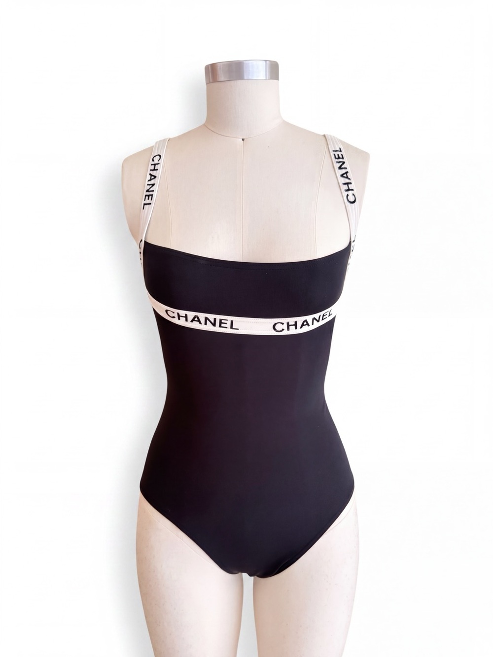 CHANEL Black One-Piece Swimsuit with White Logo Trim